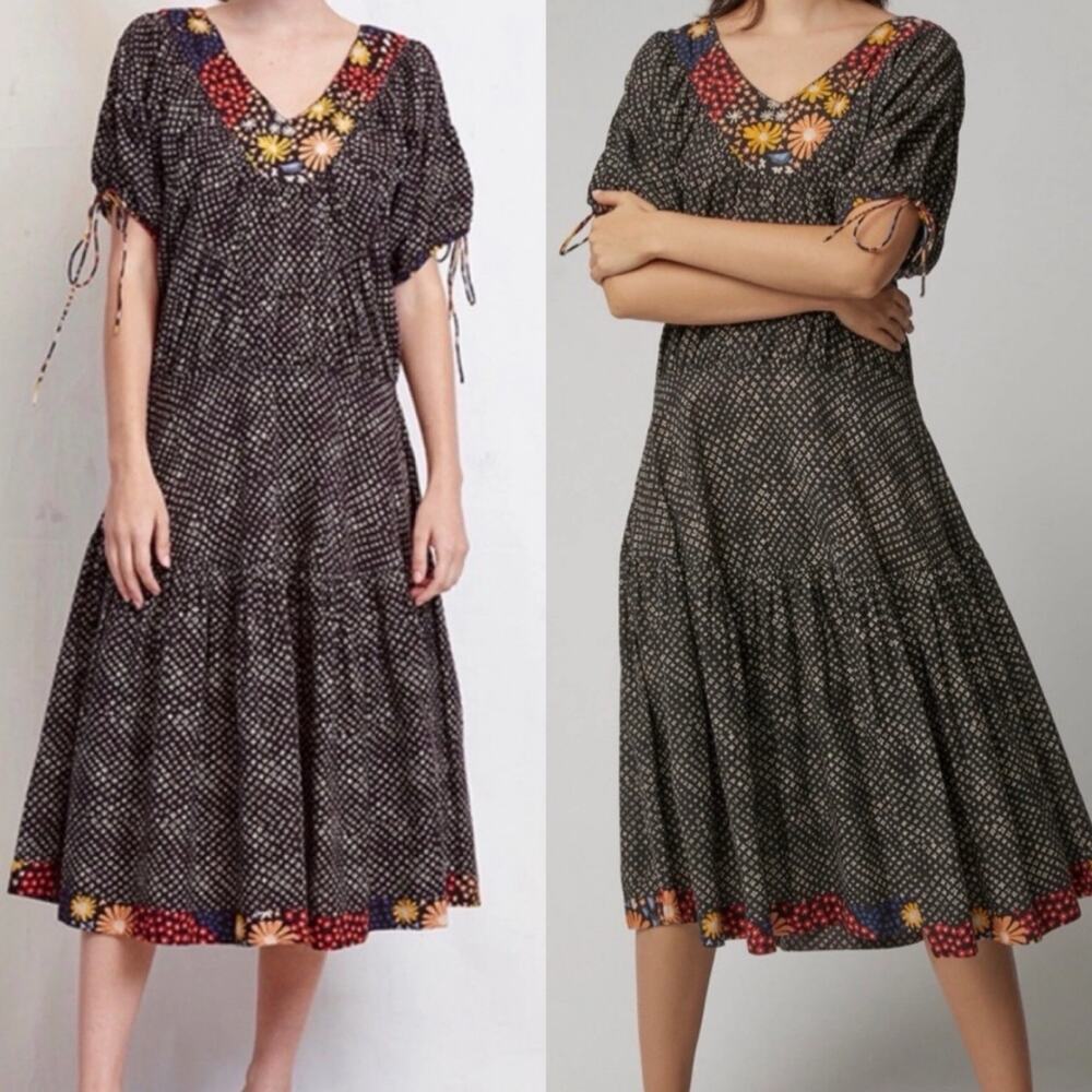Warm Sola Black 100% Cotton Floral Smock Midi Peasant Dress 1 S